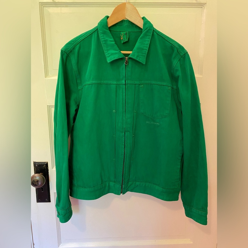 M.C. Overalls bright Kelly green denim battle jacket UK M unisex MC M C men